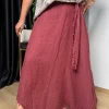 Bordo Tokalı Kemerli Keten Etek 1013