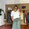 Düz Desen Tokalı Keten Pantolon 8730