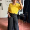 Düz Desen Tokalı Keten Pantolon 8730