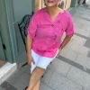 Fuşya Nakışlı Pullu Pamuk Bluz Y9682