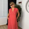 Gül Kurusu Lastikli Sıfır Kol Keten Elbise 72481