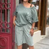 Haki Düz Desen Kemerli Gabardin Kapri 8807