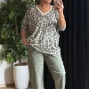 Haki Yeşil Leopar Desen V Yaka Bluz