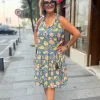 İndigo Çiçek Desenli Sıfır Kol Elbise BY075