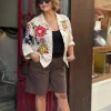 Kahverengi Çiçek Desen Saten Kemerli Gabardin Şort 8837