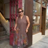 Kahverengi Kır Çiçekleri Sıfır Kol Keten Elbise 72401