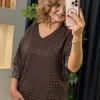 Kahverengi Taşlı V Yaka Bluz 000296-1