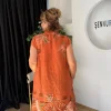 Kiremit Gül Desen Sıfır Kol Keten Elbise 30383