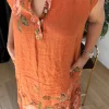 Kiremit Gül Desen Sıfır Kol Keten Elbise 30383