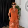Kiremit Gül Desen Sıfır Kol Keten Elbise 30383