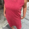 Kırmızı Taşlı Sıfır Kol Penye Elbise 408