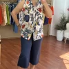 Krem Çiçek Desenli Kolsuz Bluz 0072