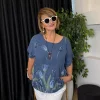 Lacivert Keten Kolyeli Desenli Bluz Y4380