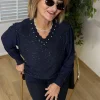 Lacivert Pullu Yakası İncili Triko Kazak B-84003