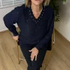 Lacivert Pullu Yakası İncili Triko Kazak B-84003
