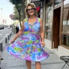Mavi-Mor Desenli Sıfır Kol Elbise BY075
