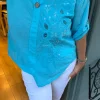 Mavi Nakışlı Pullu Pamuk Bluz Y9682