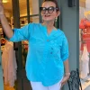 Mavi Nakışlı Pullu Pamuk Bluz Y9682