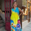 Mavi-Sarı Desenli Sıfır Kol Elbise BY200