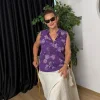 Mor Çiçek Desenli Kolsuz Bluz Y2000-4