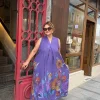 Mor Kır Çiçekleri Sıfır Kol Keten Elbise 72401