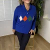 Saks Mavi Polo Yaka Baklava Desen Triko K-844