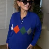 Saks Mavi Polo Yaka Baklava Desen Triko K-844