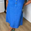 Saks Mavisi Lastikli Sıfır Kol Keten Elbise 72481
