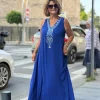 Saks Mavisi V Yaka Taşlı Elbise 26YB2530