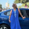 Saks Mavisi V Yaka Taşlı Elbise 26YB2530