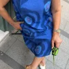 Saks Sarmal Desen Sıfır Kol Keten Elbise 80105