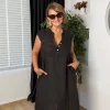 Siyah Lastikli Sıfır Kol Keten Elbise 72481