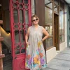 Vizon Kır Çiçekleri Sıfır Kol Keten Elbise 72401