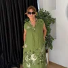Yağ Yeşili Gül Desen Sıfır Kol Keten Elbise 30383