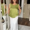 Yağ Yeşili Saten Kalın Askılı Bluz 50107