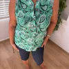 Yeşil Flamlı Sıfır Kol Desenli Bluz 5103