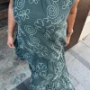 Zümrüt Yeşili Rafya Desen Sıfır Kol Elbise 72319
