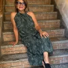 Zümrüt Yeşili Rafya Desen Sıfır Kol Elbise 72319