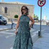 Zümrüt Yeşili Rafya Desen Sıfır Kol Elbise 72319