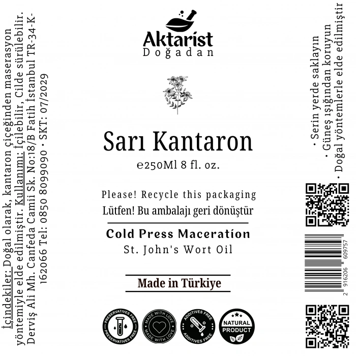 Aktarist Kantaron Yağı 250Ml