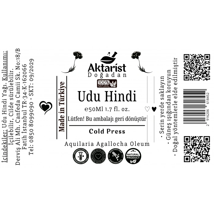 Aktarist Udu Hindi Yağı 50Ml - Soğuk Pres