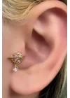 Altın Renk Ay Figürlü Taş Detaylı Çelik Tragus/Kıkırdak Küpe/Piercing (Tek)