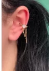 Altın Renk Taş Detaylı Kalpli Çelik Ear Cuff (Tek)