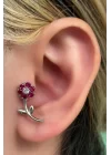 Gümüş Renk Çiçek Figürlü Taş Detaylı Çelik Tragus/Kıkırdak Küpe/Piercing (Tek)