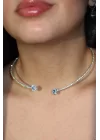 Gümüş Renk Kalp Detaylı Taşlı Choker Kolye