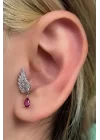 Gümüş Renk Kanat Figürlü Taş Detaylı Çelik Tragus/Kıkırdak Küpe/Piercing (Tek)