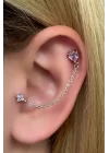 Gümüş Renk Pembe Taş Detaylı Cerrahi Çelik Tragus/Kıkırdak Küpe/Piercing (Tek)