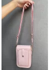 Pembe Renk Telefon Bölmeli Deri Kadın Çanta