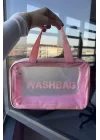 Pembe Renk Wash Bag Su Geçirmez Şeffaf Kozmetik Çantası