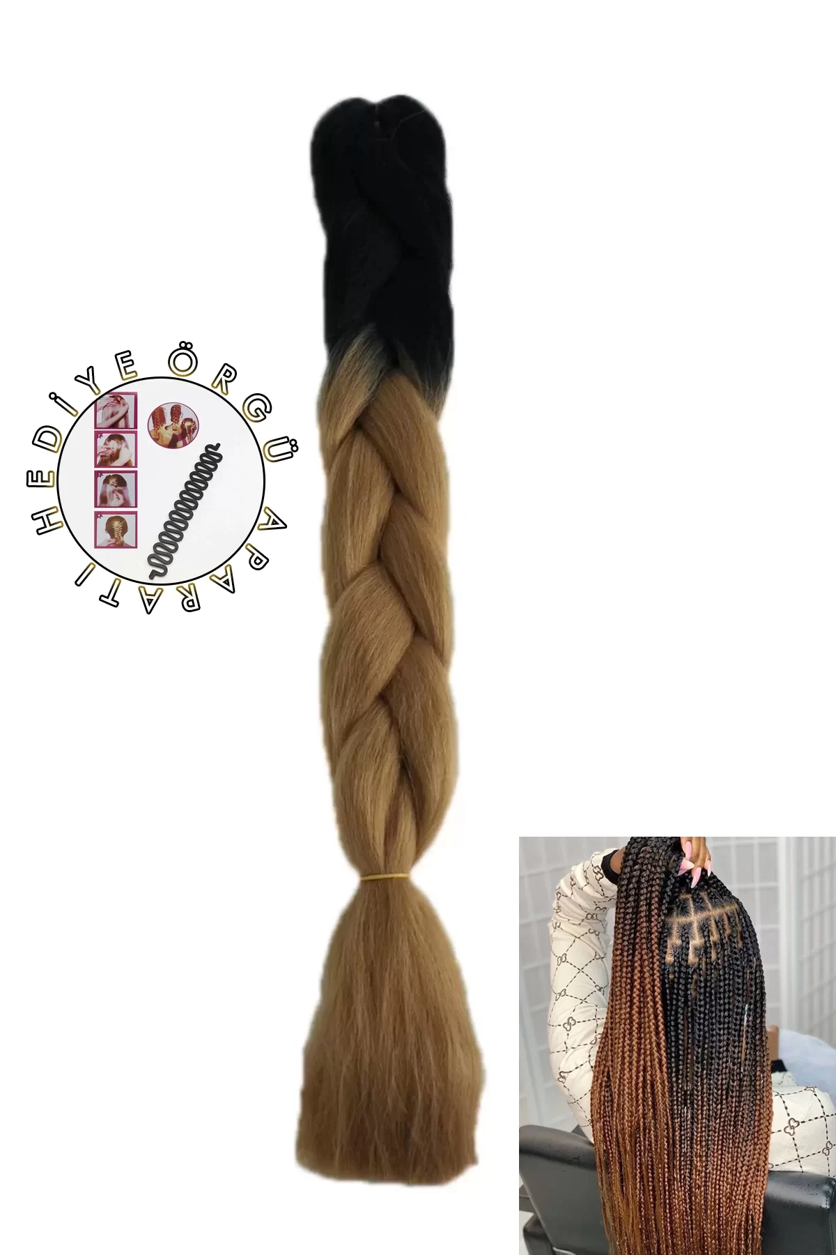 Kahverengi Siyah İki Renk Ombreli Afrika Zenci Örgüsü Box Braid Sentetik Saç 60cm 100gr